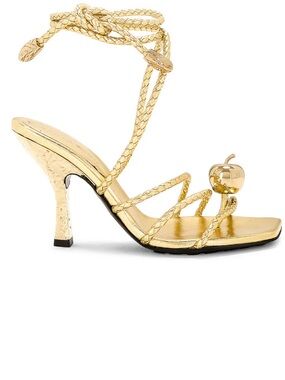 Bottega Veneta Metallic Gold Strappy Lace-Up Heels with Apple Accent
